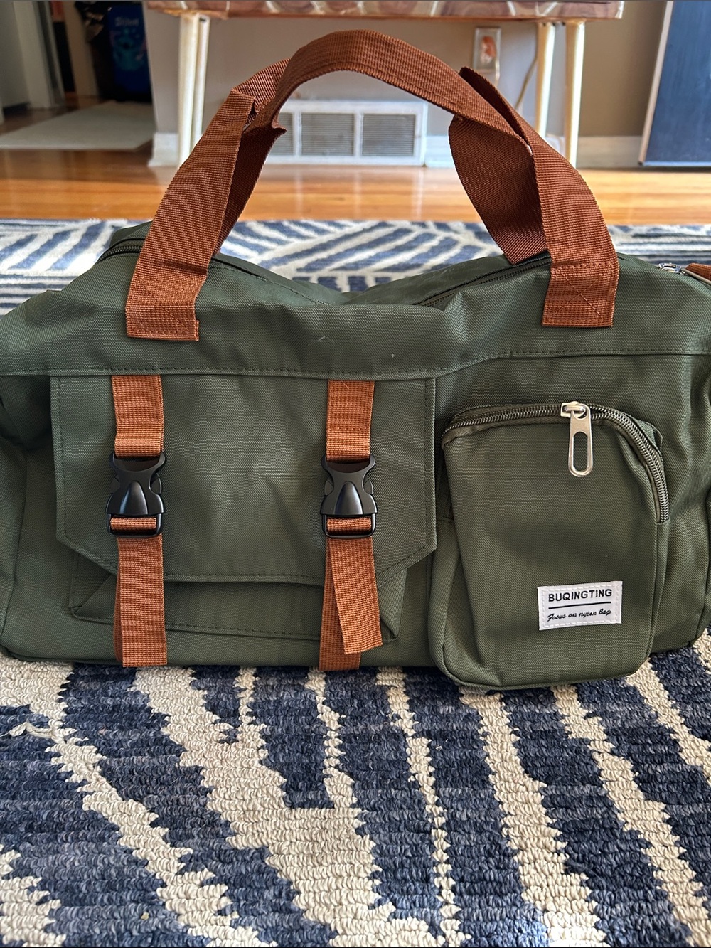 Olive Green Canvas Weekend Duffel Bag with Brown Straps
